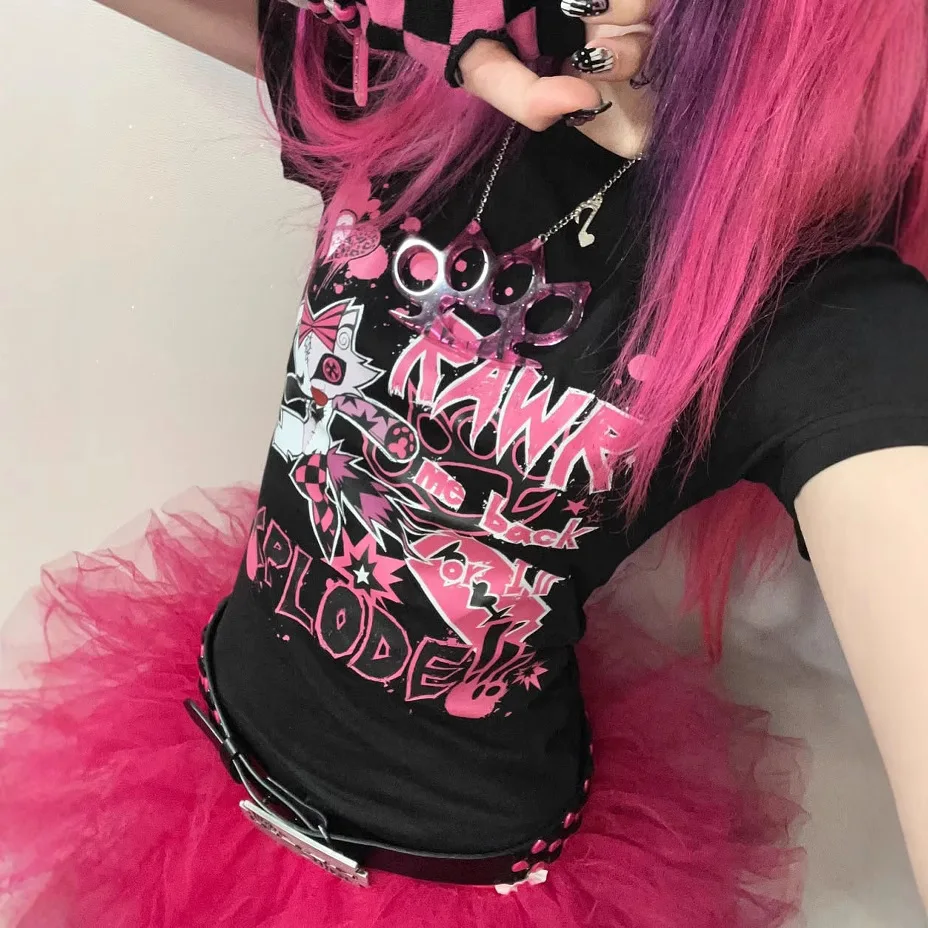Camiseta con estampado de dibujos animados, adelgazante, sexy y a la moda, top de algodón puro, estilo callejero gótico retro Harajuku, tendencia Grunge