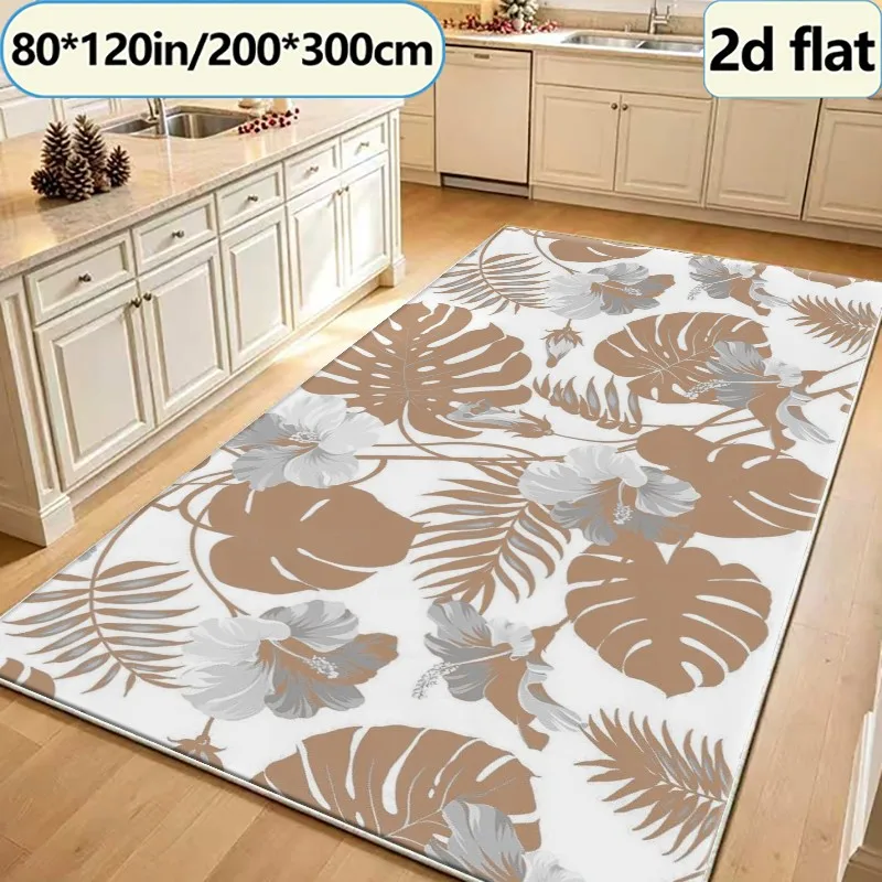 Neutral Tropical Monstera Hibiscus Leaf carpet flooring, Retro Botanical Area Rug for Living Room Bedroom Household Floor Decor