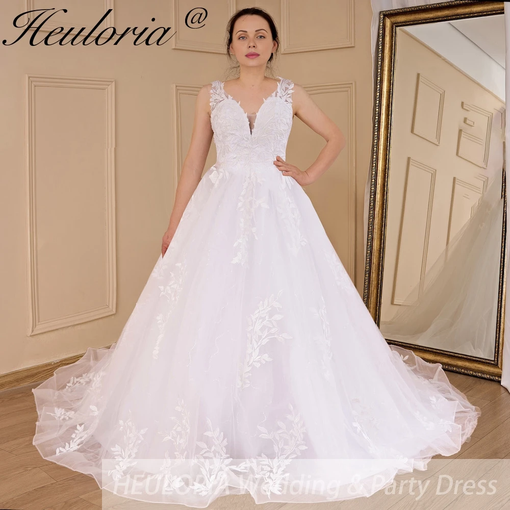 HEULORIA Elegante vestido de casamento de princesa com decote em V longo trem renda applique vestido de noiva Robe De Mariee vestido de noiva de casamento