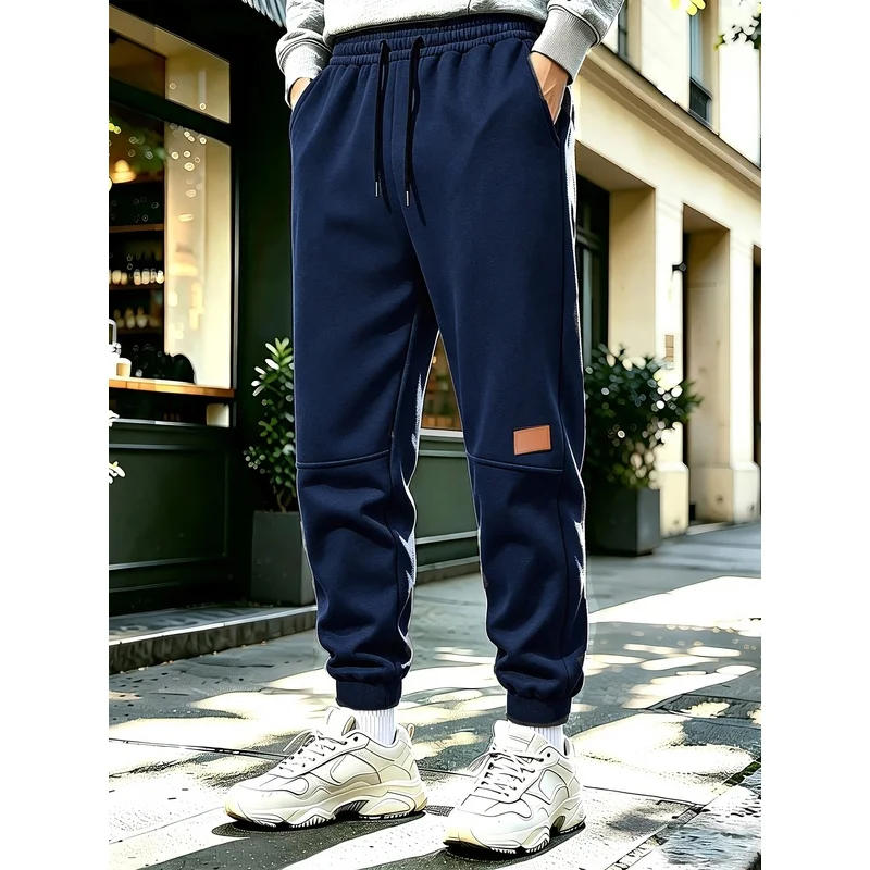 winter men's casual pants warm fleece pants men's fitness jogging pants solid color drawstring elastic waist lamb fleece lining
