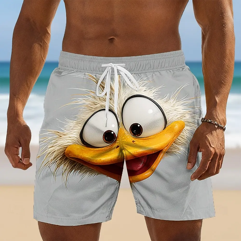 Men's Whimsical Cartoon Duck Face Print Drawstring Shorts, Casual Loose Swim Trunks For Spring Summer Beach & Vacation Wear