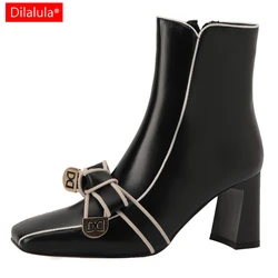 Dilalula 2025 French Style Genuine Leather Butterfly Knot Ankle Boots Women Thick High Heels Office Ladies Autumn Party Boots