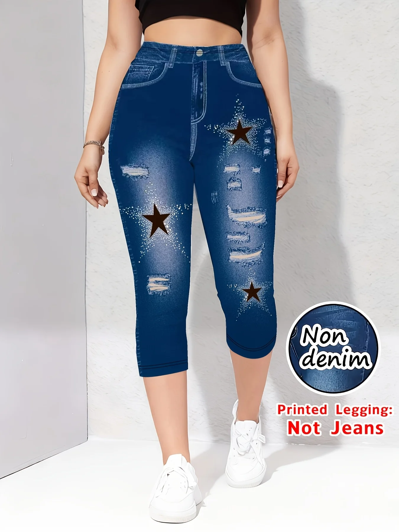 

High Waist Fake Denim Capri Pants Star Rhinestone Ripped Print Slim Stretch Non Denim Skinny Leggings Women Casual Daily Jegging