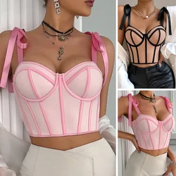 Womens 2024 New Fashion Trends Corset Crop Tops Sleeveless Lace-up Halter Bustier Sling Tank Top Slim Camisole Party Club Summer