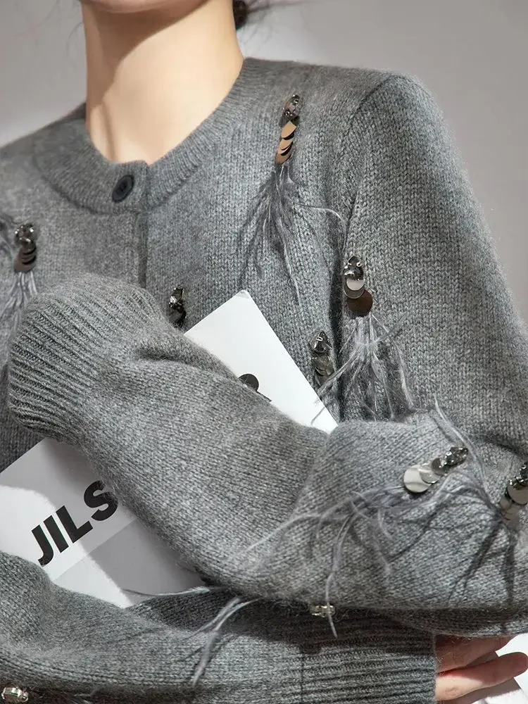 Heavy Sequins Diamond Feathers Cardigan Black Grey Y2k Top Winter Clothes Women Outwear Knitted Sweaters Pull Femme 2024
