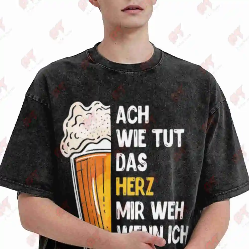 Beer Glass German Text Vintage Washed Tee Pure Cotton T-Shirt