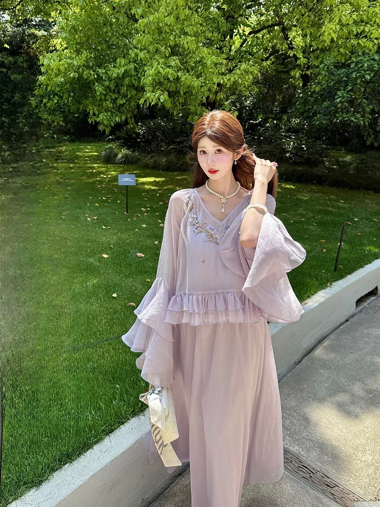 

Женский летний комплект GA nai Orchid Design: юбка А-силуэта и топ с кружевной отделкой, в китайском стиле, с длинным рукавом и V-образным вырезом