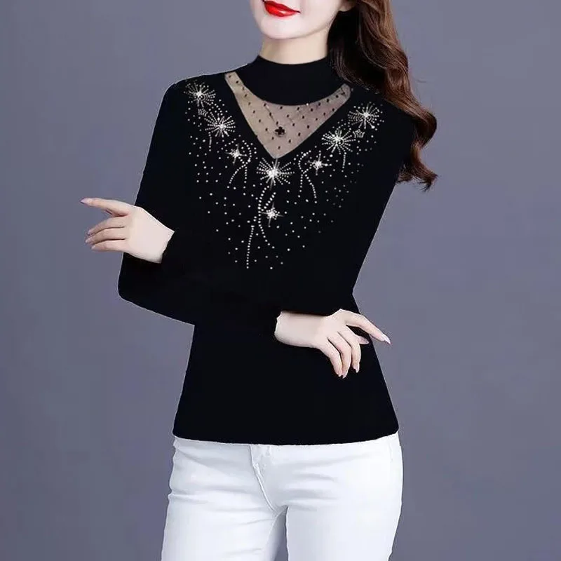 2023 New Autumn Fashion Simple Sexy Round Neck Mesh with Diamonds Solid Color Slim Fit Comfortable Commuter Warm Women's T-shirt