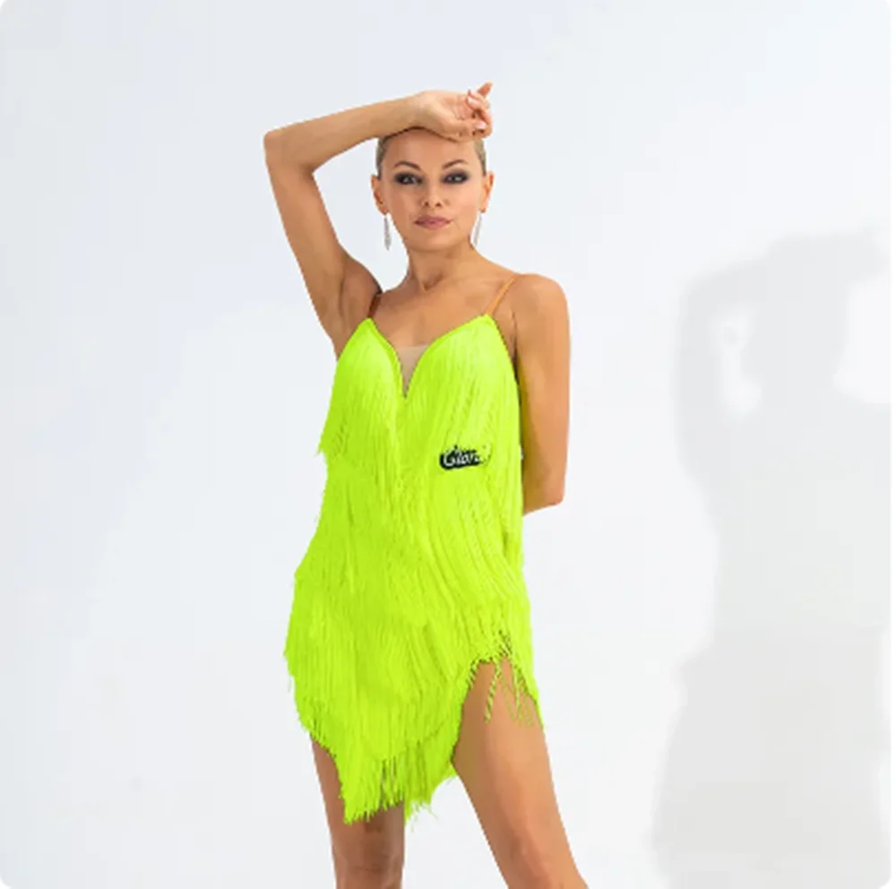 Vestido de baile latino amarillo fluorescente, traje de competición con borlas, ropa de actuación ChaCha, ropa de práctica de Salsa yumba yj099