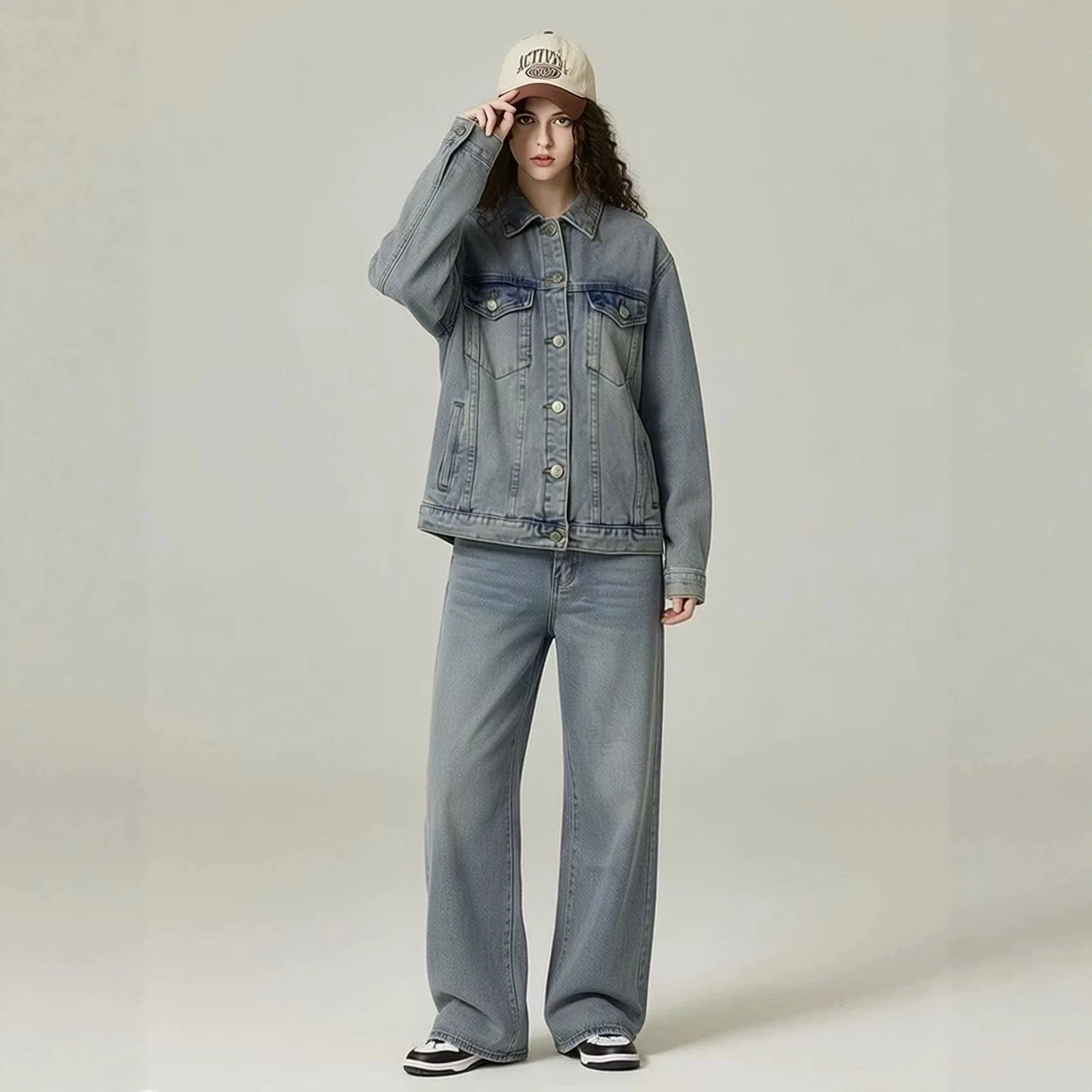 

Women's Casual Jean Sets Distressed Jacket Straight Trousers Loose 2-piece Sets 2026 Spring Autumn Vintage Denim Two-piece Suit