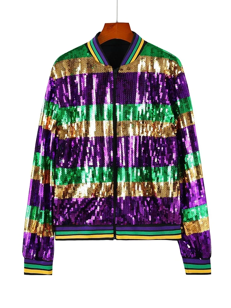 

Mardi Gras Tri Color Sequin Jacket Shiny Zip Up Bomber Jacket Party Club Carnival Long Sleeve Baseball Collar Jacket