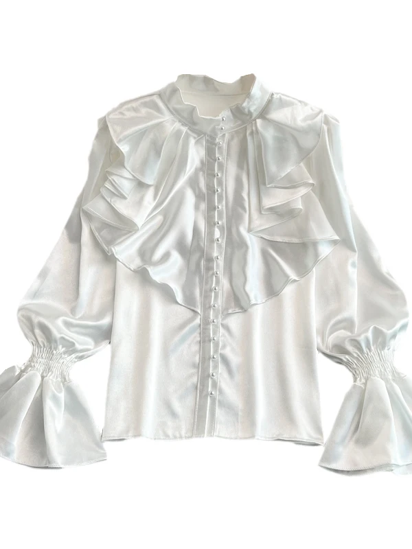Retro Court Style Loose Women's Shirt Acetate Satin Fabric Stand Collar Bell Sleeve Design Korean Commute Style Spring Fashion