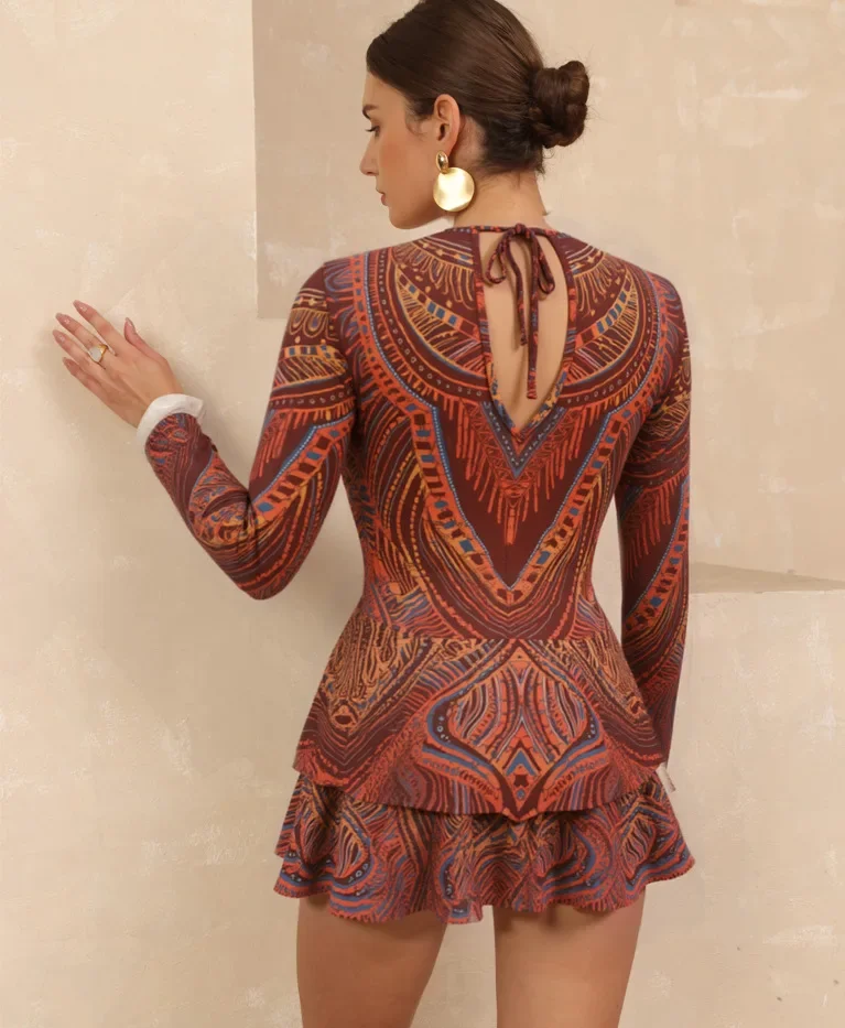 ผู้หญิง Retro พิมพ์ Scoop คอแขนยาว Swimdress One Piece ชุดว่ายน้ํา High Cut ชุดว่ายน้ําชุดว่ายน้ําชุดว่ายน้ํา
