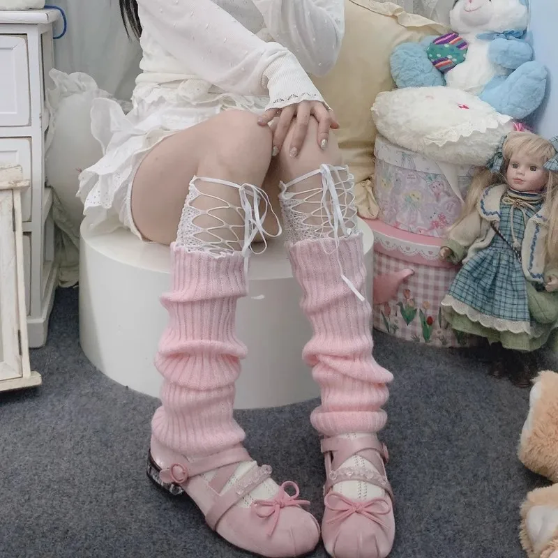 

Y2k Spicy Girls Cute Pink Bow Leg Warmers Long Socks Ribbon Leggings Gaiters Kawaii Sweet JK Lace Ruffles Knitted Warm Leg Cover