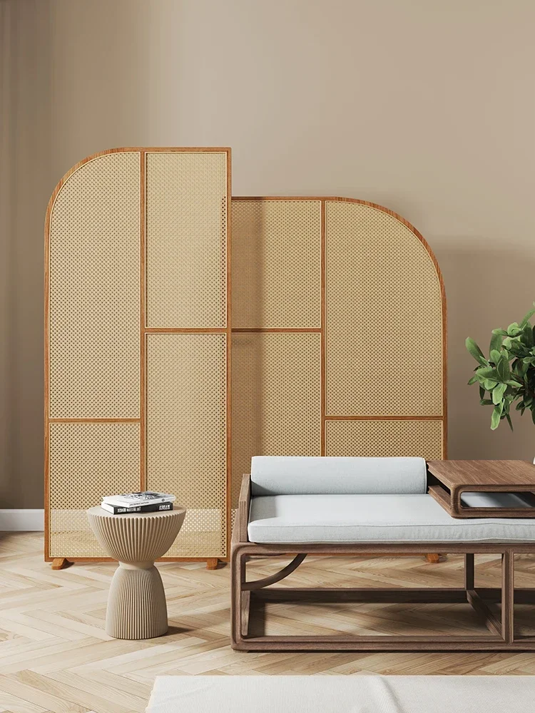 Living Room Solid Wood Rattan Subareas Screens Movable Entrance