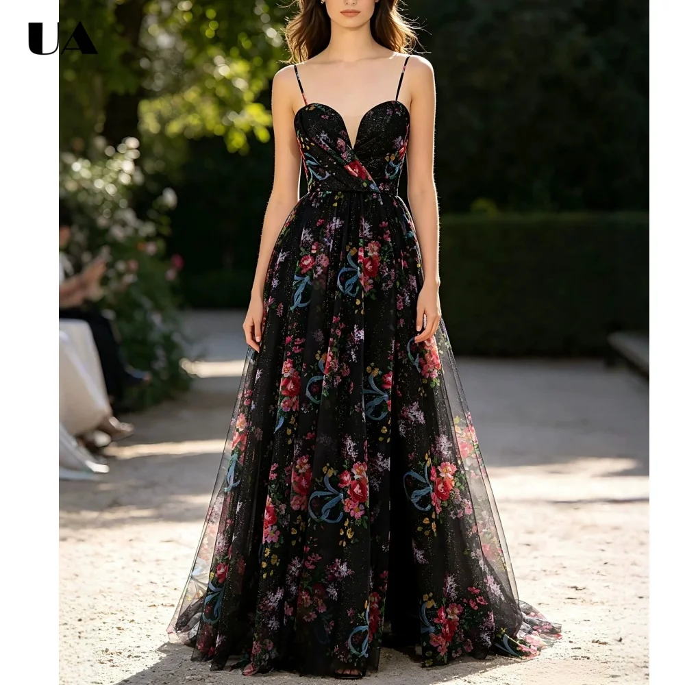 

ULBYANRY Customized Printed Mesh Spaghetti Strap Evening Dress for Woman, Elegant A-line Party Dress, Vintage Zipped Ball Gown