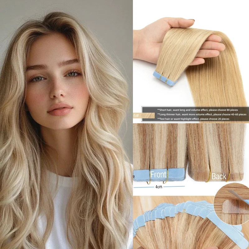 Real Human Hair Tape In Hairpiece 20pcs 18inch Deep Wave #2 #30 Add Length & Density Office Professional Wholesale