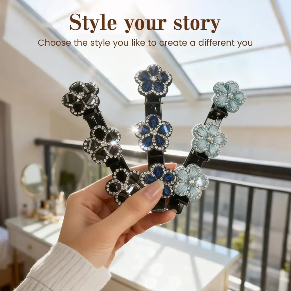 

2pcs Flower Hair Clips Sparkling Imitation Stone Braiding Accessories Elegant Secure Double Layer Lightweight Wedding Decorative