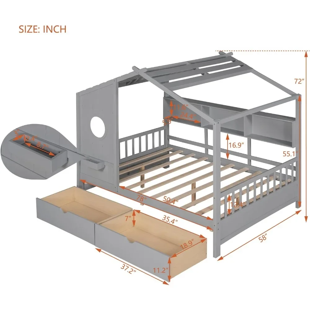 Cama de Casa de tamaño completo con cajones y estantes de almacenamiento, marco de cama de Casa Montessori de madera, tienda de juegos para niños, niñas y niños cama para, gris