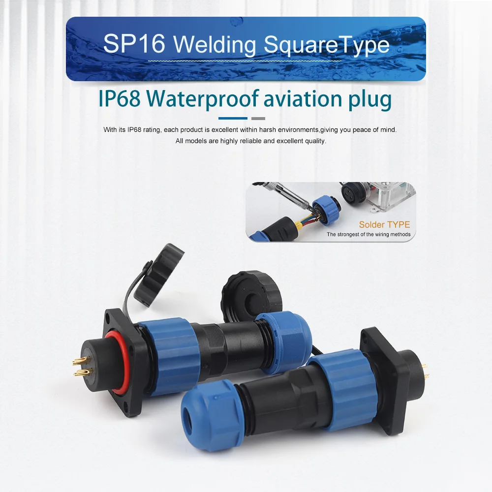 IP68 SP16 Electrical Connector Male Plug & Female Socket Panel Mount Waterproof Square Type Aviation Connectors 2/3/4/5/6/7/9Pin