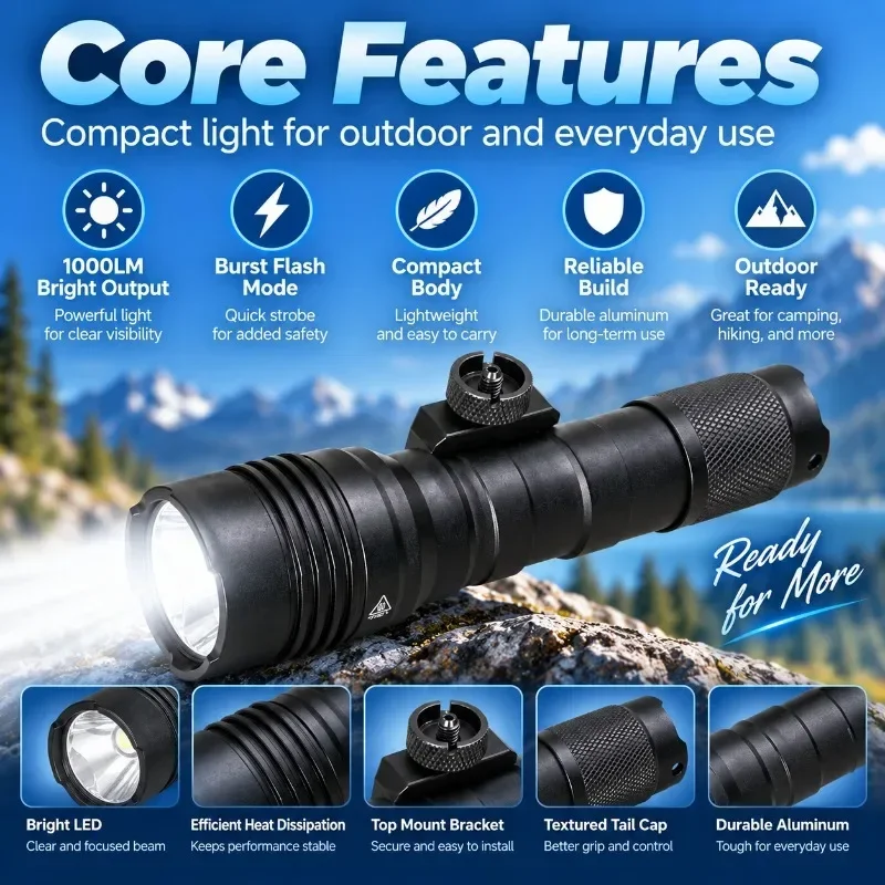 Super Bright 1000 Lumens LED Hand Torch with Strobe Light Portable Hanging Flashlight for Outdoor Camping
