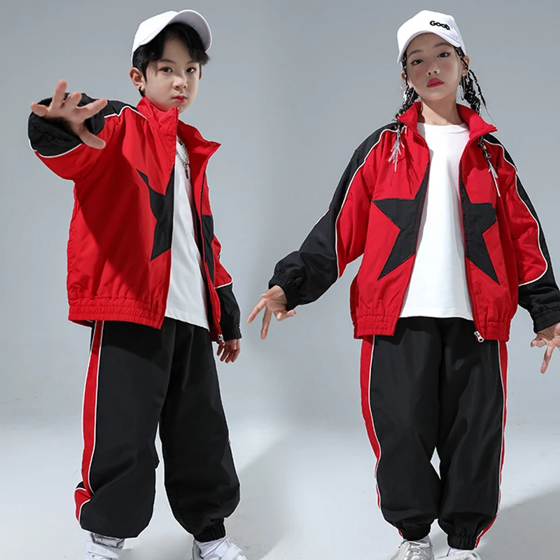 

New Children Jazz Dance Costumes For Girls Red Sports Suit Cheerleading Stage Wear Boys Modern Hip Hop Dance Clothing DQS14692