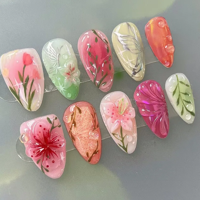 24Pcs Mid-length Almond Press on False Nails 3D Ripple Flower Design Full Cover Nails Tips Bow Strawberry Detachable Fake Nails