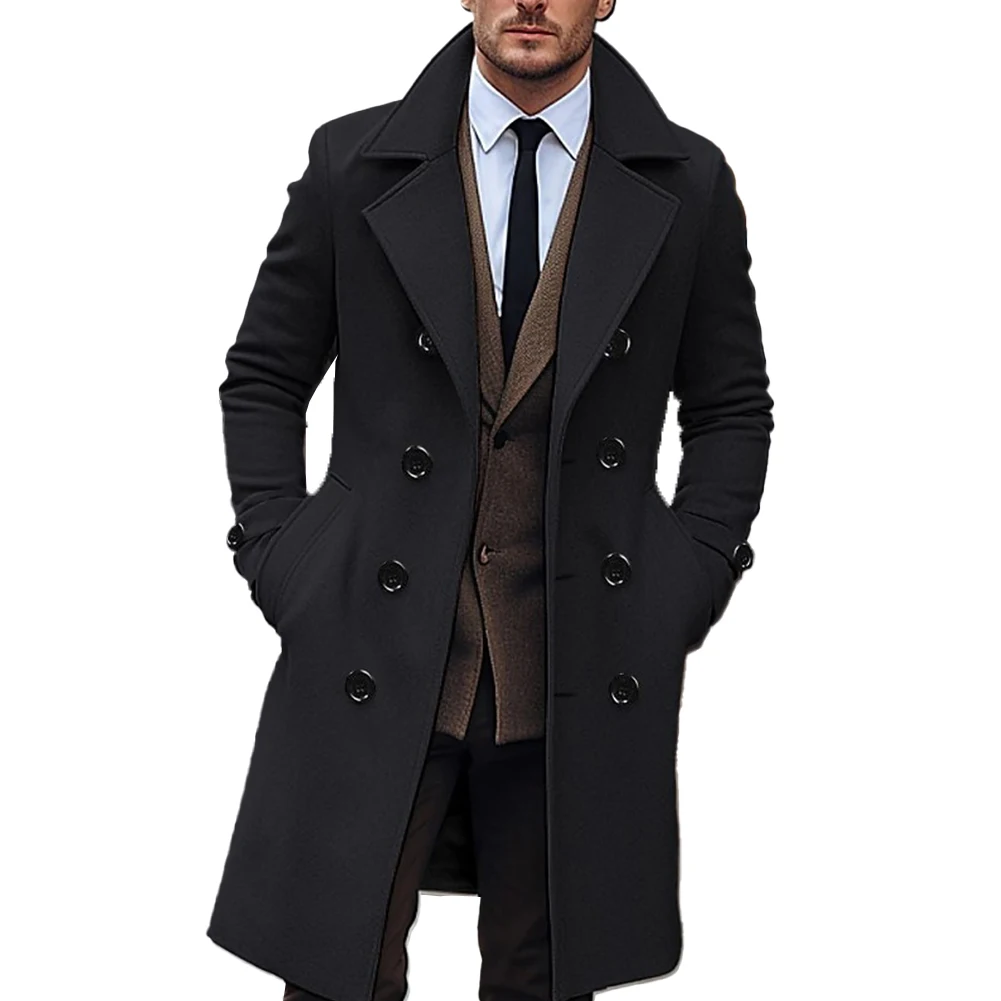 Mens Winter Doublebreasted Lapel Trench Coat Business Style Gentleman Overcoat Long Jacket Outwear for Cold Weather