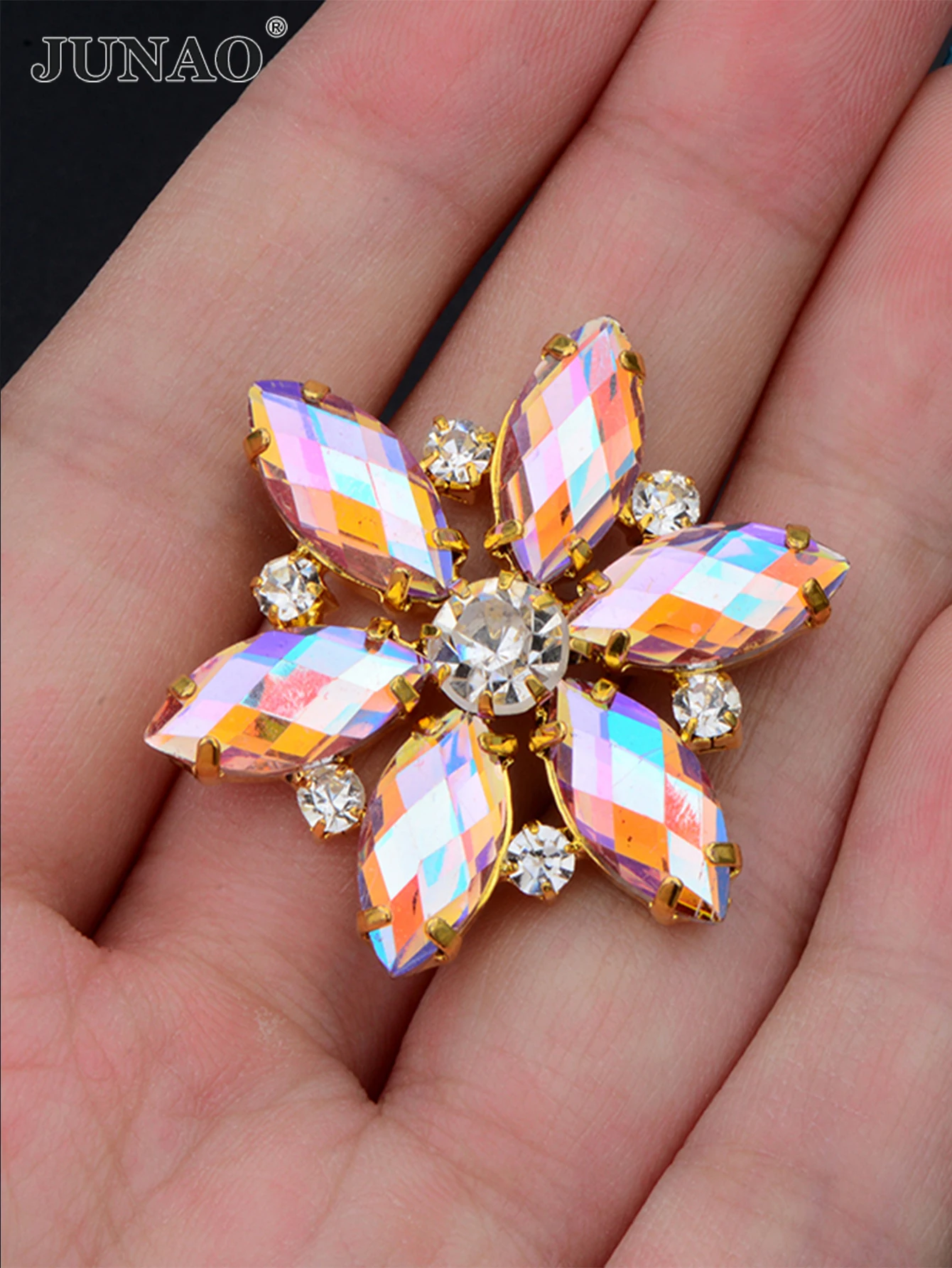 JUNAO 1pc 36mm Sew On Pink AB Glass Flower Rhinestones Gold Claw Crystal Applique Flatback Strass Sewing Stones for Dress Crafts