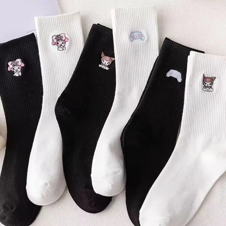 Sanrio Anime Kuromi Cotton Socks Kawaii Cinnamoroll My Melody Cartoon Embroidery Cute Student Tube Socks Solid Color Warm Socks