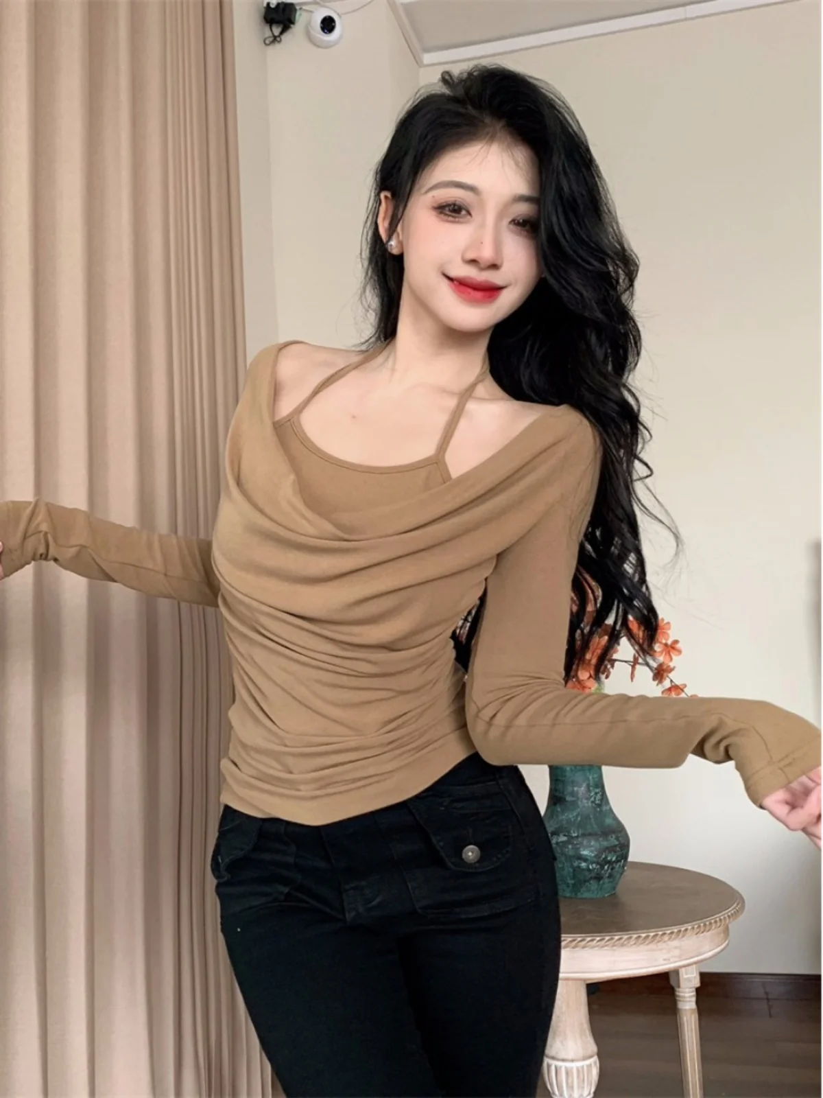 تي شيرت نسائي حلو وحار بقصة ضيقة ort Sve تي شيرت أرجواني قاعدة irt طويل Sve تخفيف Sle موسم الخريف Faion #4