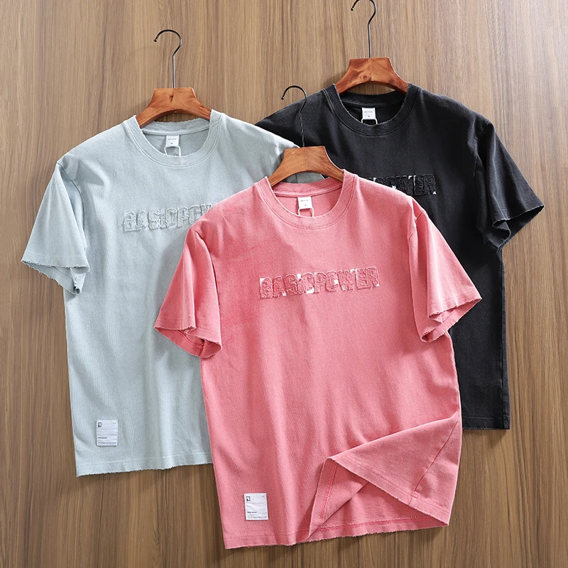 

Summer Men's Distressed Rip & Washed Cotton! 300GSM Heavyweight Patch Letter Print Retro Casual T-Shirt Trendy Short-Sleeve Tee