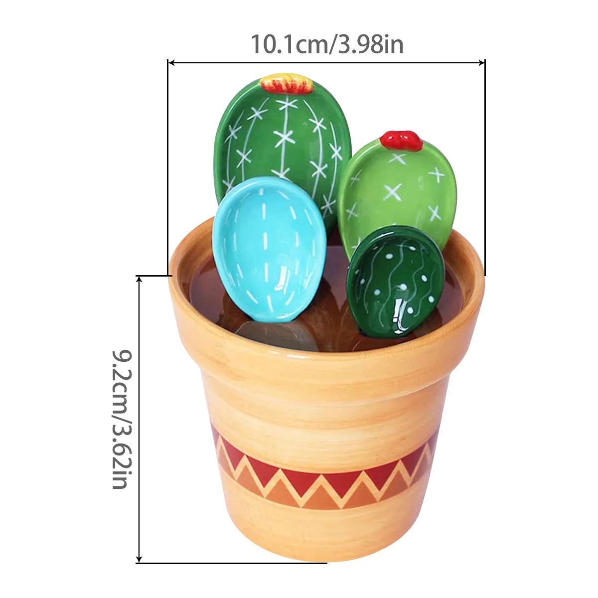 4Pcs Porcelain Measuring Spoons Set with Base Cute Cactus Shape Stirring Soup Spoon Ceramic Flower Pot Measuring Spoon