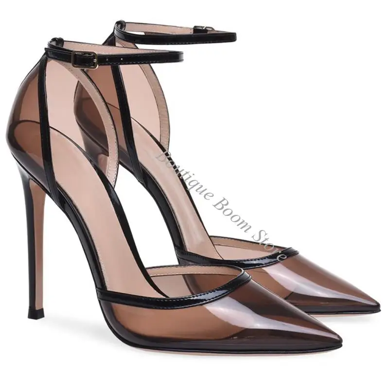 Sexy Purple Black Transparent PVC Pointed Toe Sandals High Heels Ankle Strap Banquet Heel Woman Single Shoes