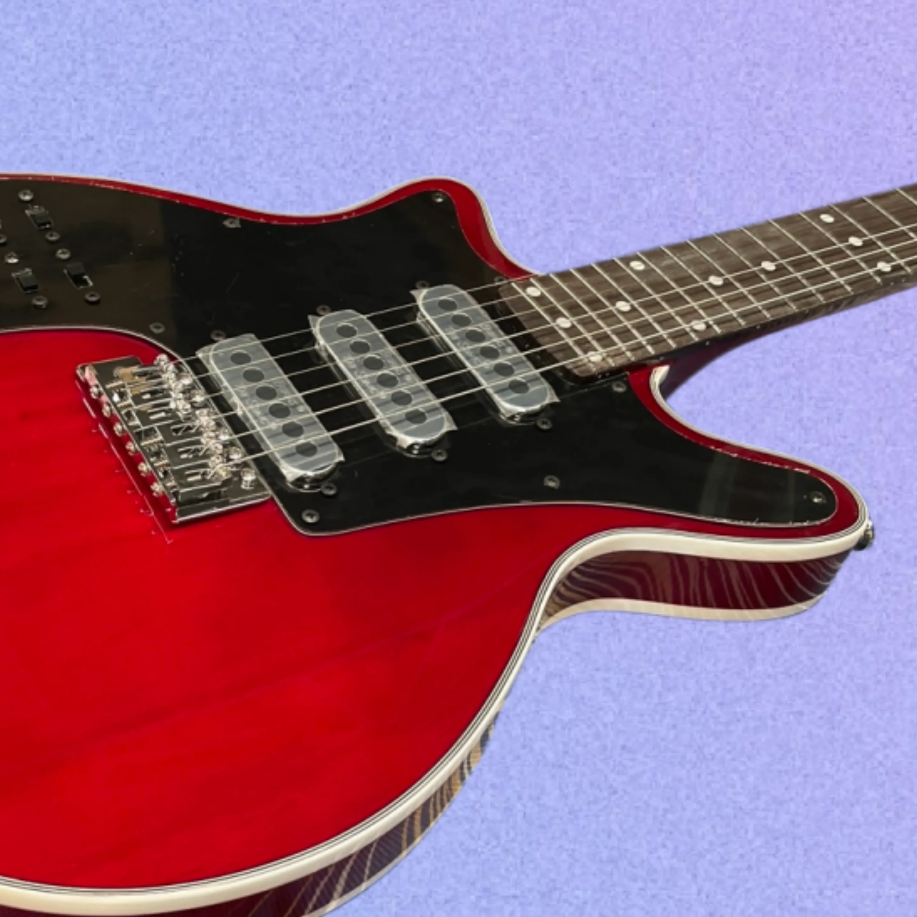 Left hand round red electric guitar with black pickguard and rosewood fretboard, SSS pickup guitars guitarra