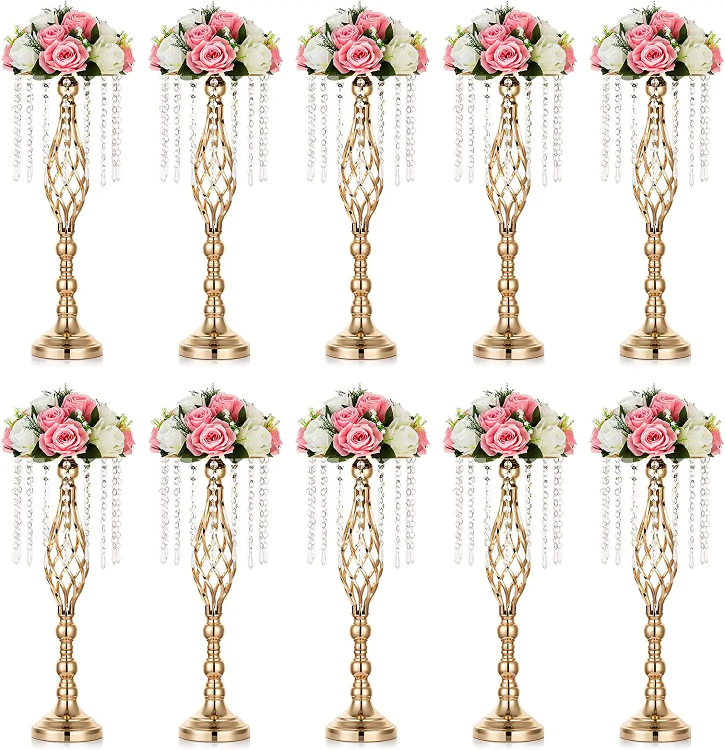 15 Pcs Gold Vase for Wedding Centerpieces  Table Decorations with Chandelier Crystals,  Flower Vase, Wedding Metal Flower Stand