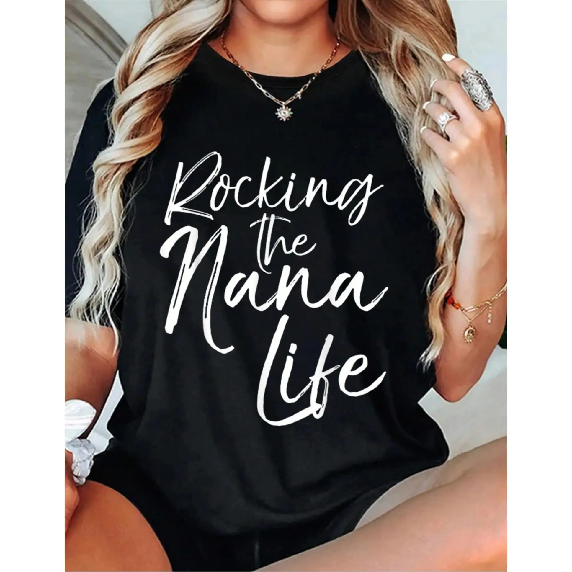 

T-Shirt for Grandma - Mother's Day Gift, Casual Short Sleeve Round Neck Top with White Cursive Print, 's Clothing, Machine Wash