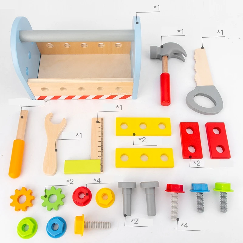 Take-Along Tool Kit Pretend Play Tool Set Gift For Boy Or Girl Kids Educational DIY Wooden Nut Assembly Toys