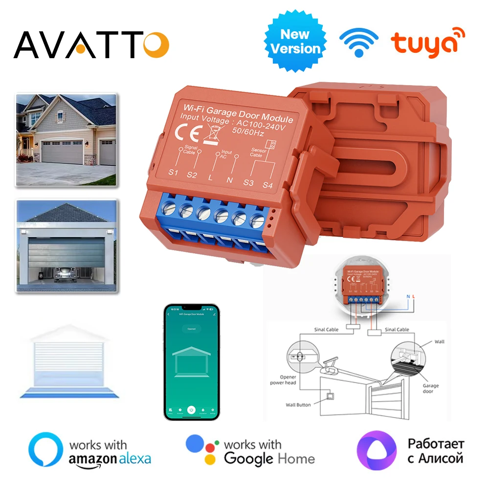 

AVATTO Tuya WiFi Smart Garage Door Opener Switch Module Controller，Support APP Voice Remote Control Works with Alexa Google Home