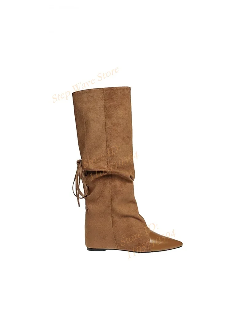 Wedges Pointy Toe Knee High Boots Pleated Lace Up Runway 2026 Winter Autumn Height Increase Patchwork Hot Sale Shoes Handmade