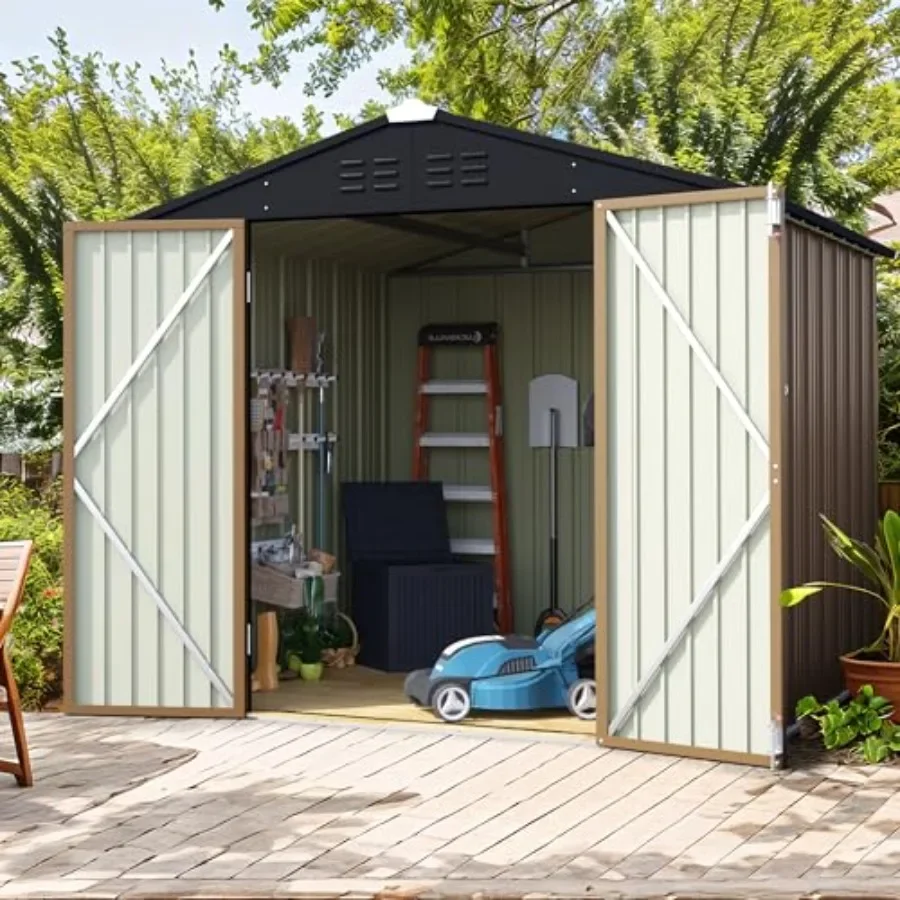 Outdoor storage shed for backyard, patio, lawn: waterproof metal construction, gray finish, lockable door for secure tool and f