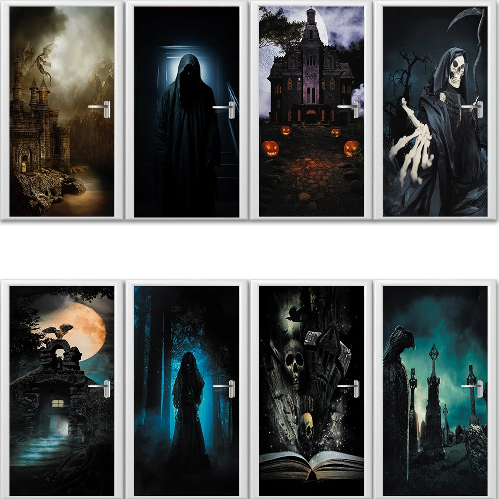 

Dark Gloomy Halloween Festival Door Mural Sticker Removable Terror Skull Ghost Door Decoration Wallpaper Cut 2pcs/Set