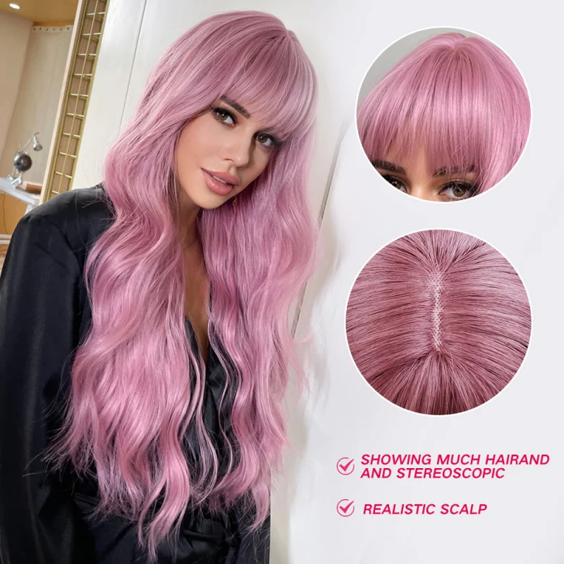 Long Pink with Bangs Wave Synthetic Wigs for Women - view 3