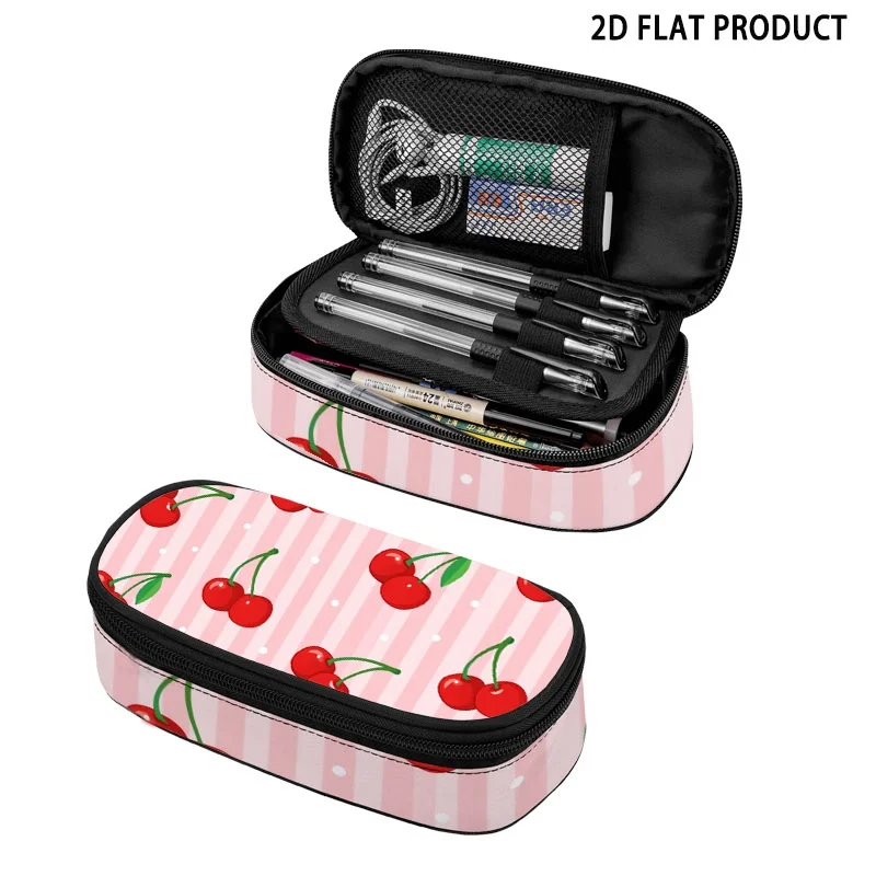 Vibrant Cartoon Red Cherry Print Pencil Case, Light Pink Vertical Striped Dotted Pattern Polyester Pencil Pouch with Zipper