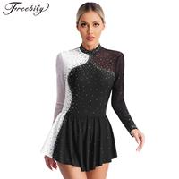 Womens Sparkly Rhinestone Ballet Tutu Dress Figure Skating Dance Costumes Gymnastics Roller Ice Skating Performance Dancewear