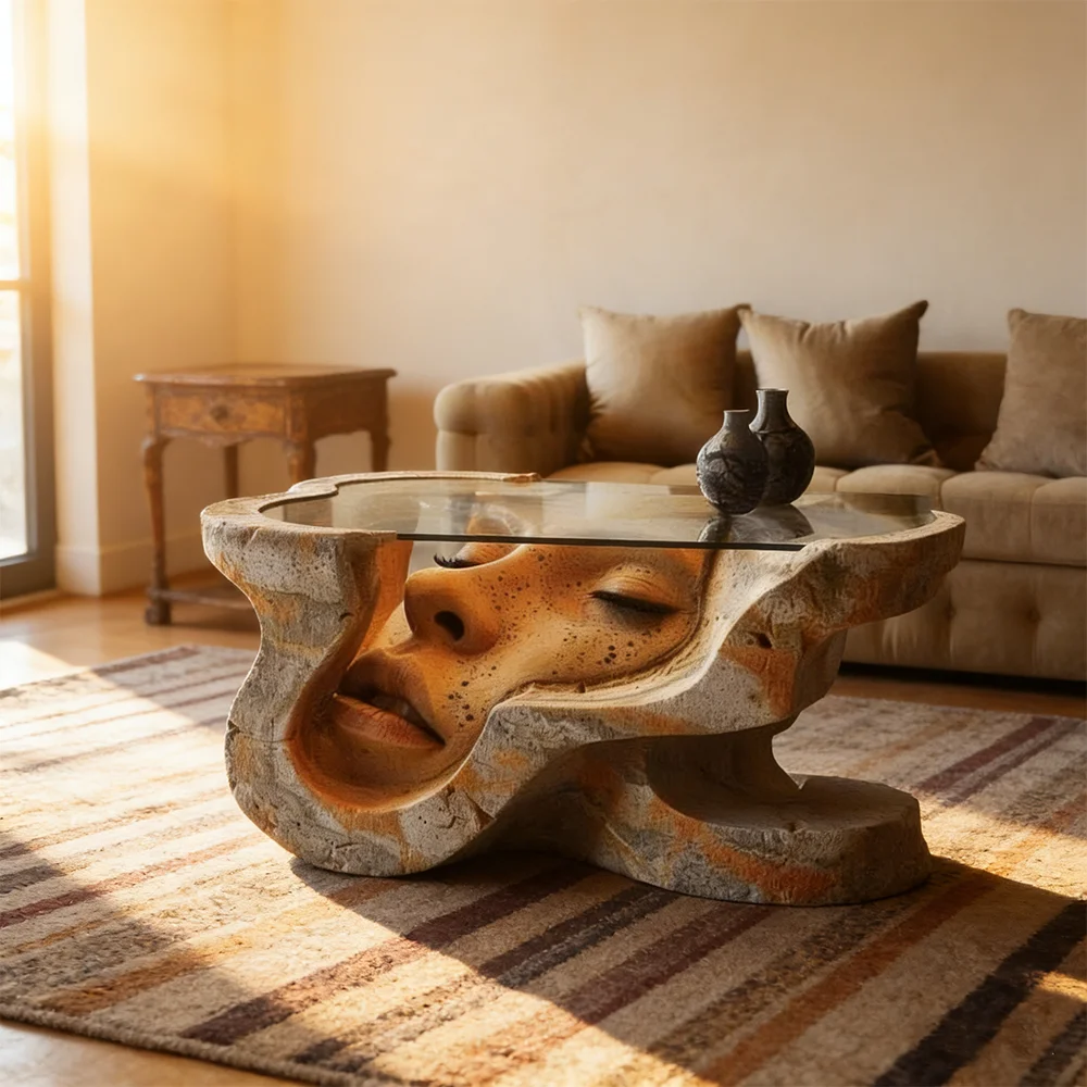 mnArtistic Coffee Table Irregular Sculpture Side Center Glass Handmade Unique Face Human Statue Design Living Room Furniture*