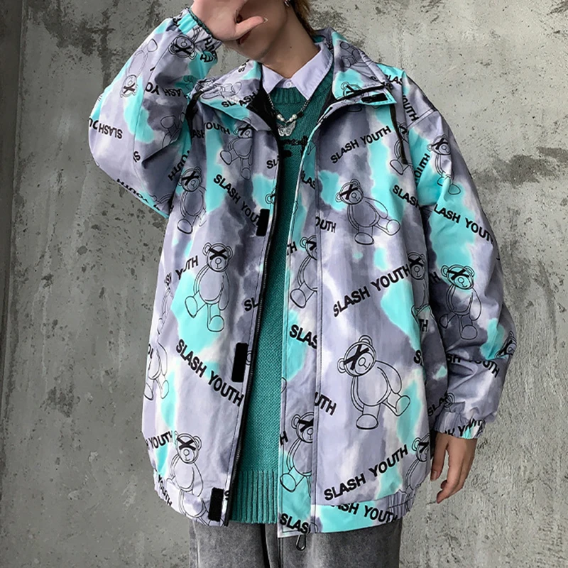 Autumn Winter Hip Hop Men Tie-dye Coat Cartoon Bear Full Print Stand Collar Oversized Loose Streetwear Couple Thin Cotton Jacket