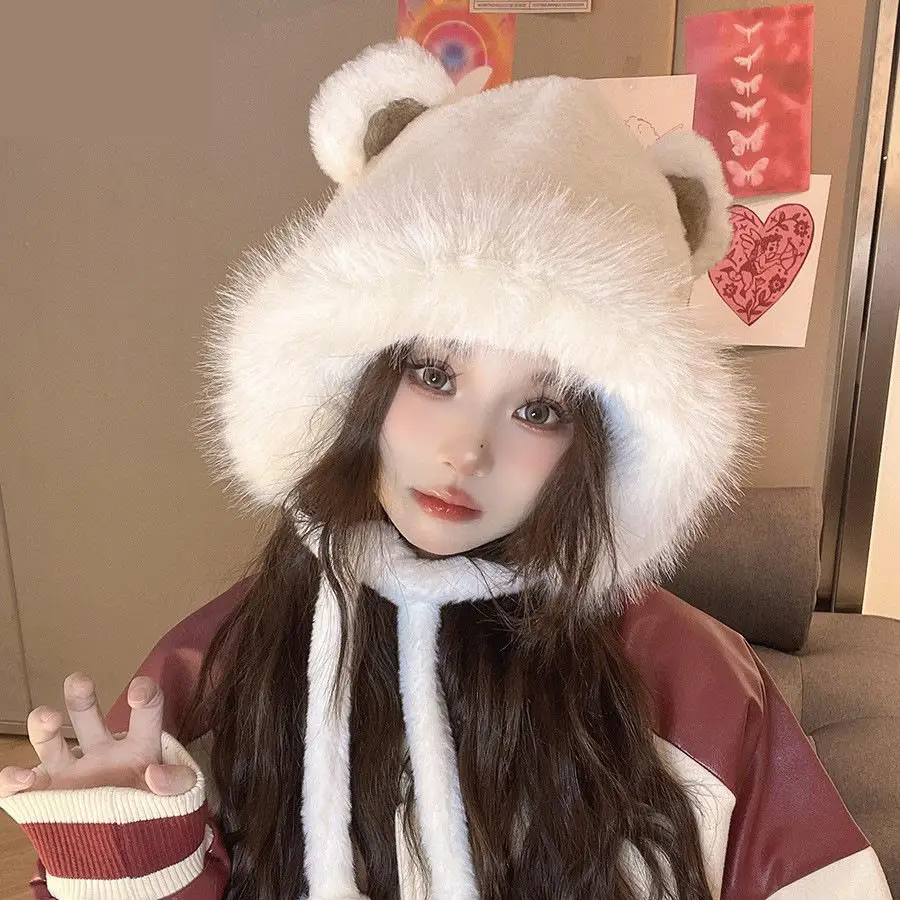 

Winter Hats For Women Cartoon Bear Ears Beanie Keep Warm Plush Knitted Hat Cute Sweet Baggy Cap With Pompom Fur Ball