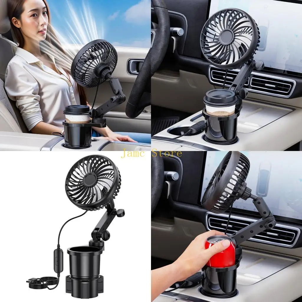LX0B Ergonomic Vehicle Cup Holder Adapter Integrated With Multidirectional Fan 3Speed