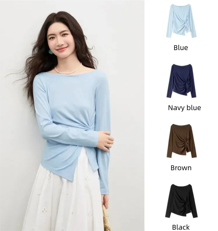 SENTUBILA Lyocell-T-Shirts für Damen, Frühling 2026, schulterfreier Ausschnitt, verdrehter, unregelmäßiger Saum, schlichte Strickoberteile W61TL5033 – Detail 9